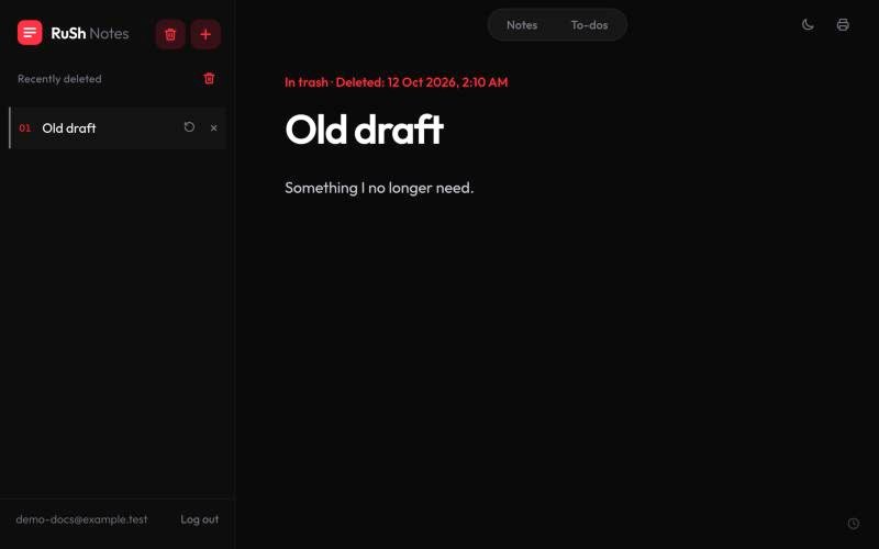 Deleted notes can be previewed and restored.